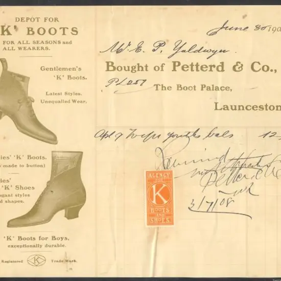 Footwear 1908 Tasmanian receipt with boots & shoes ...