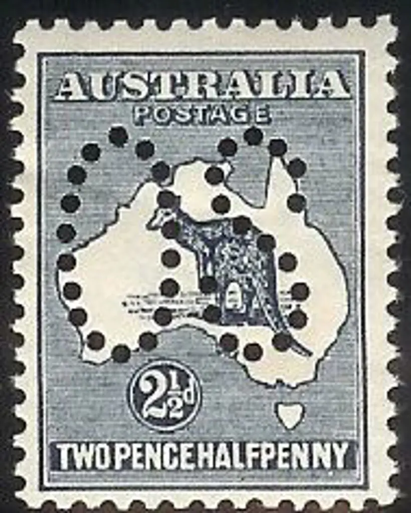 1913 2½d indigo kangaroo perfined large OS. Bend ... Image 1++