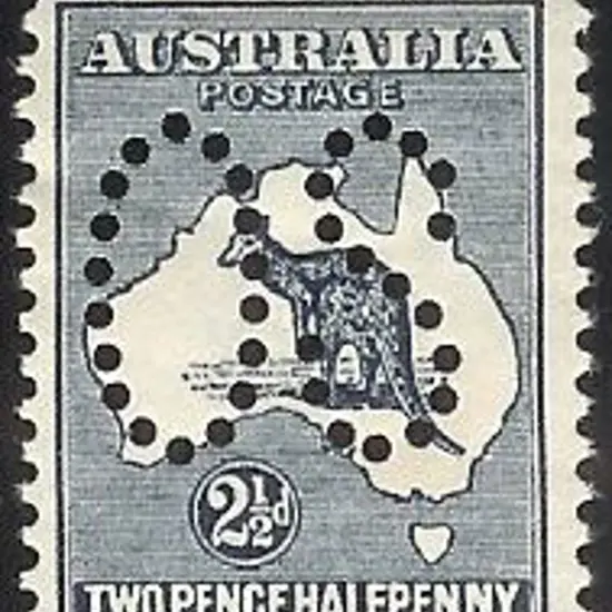 1913 2½d indigo kangaroo perfined large OS. Bend ...