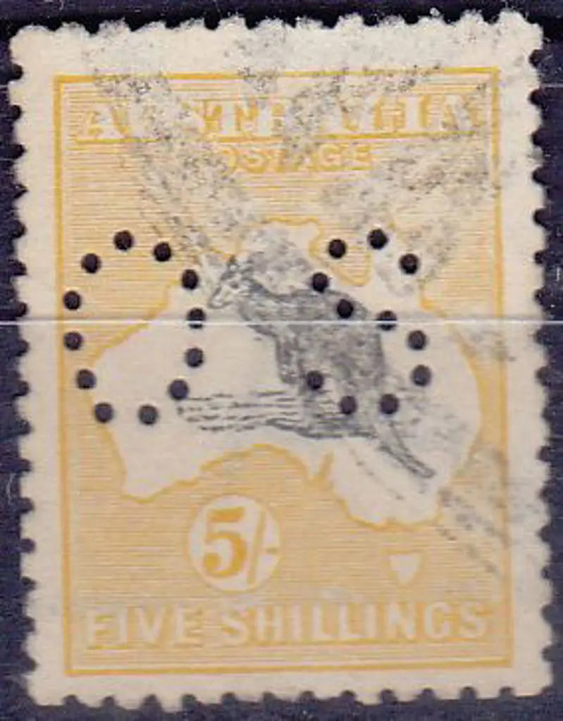 1915 5/- grey & yellow kangaroo perfined small OS ... Image 1++