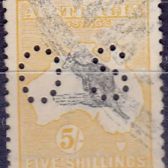 1915 5/- grey & yellow kangaroo perfined small OS ...