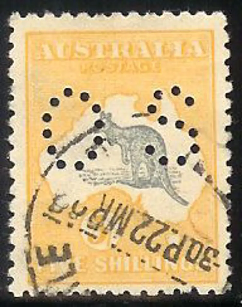 1915 5/- grey & yellow perfined small OS. F/U with ... Image 1++