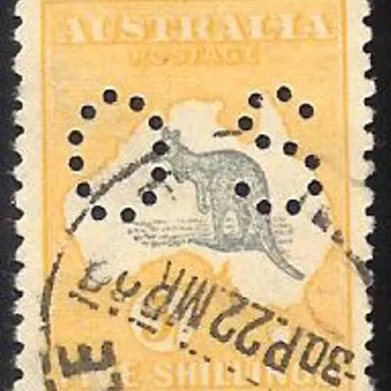1915 5/- grey & yellow perfined small OS. F/U with ...