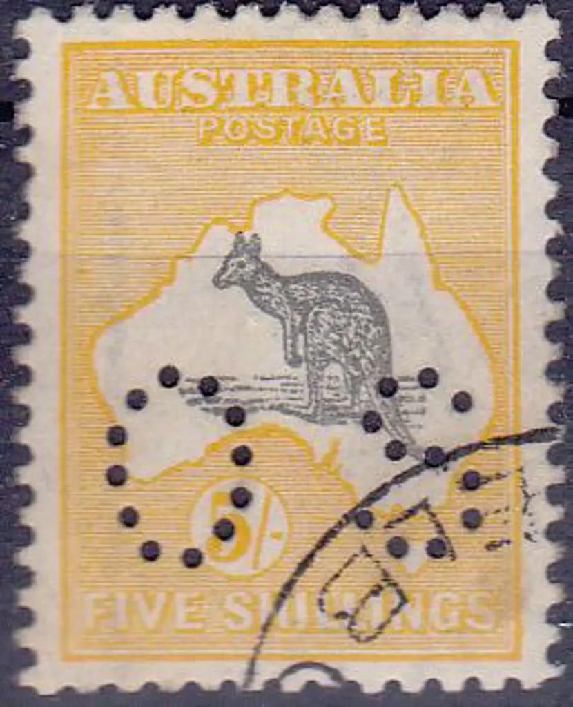 1915 5/- grey & yellow perfined small OS. CTO & ... Image 1++