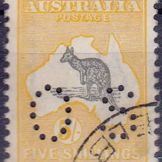 1915 5/- grey & yellow perfined small OS. CTO & ...