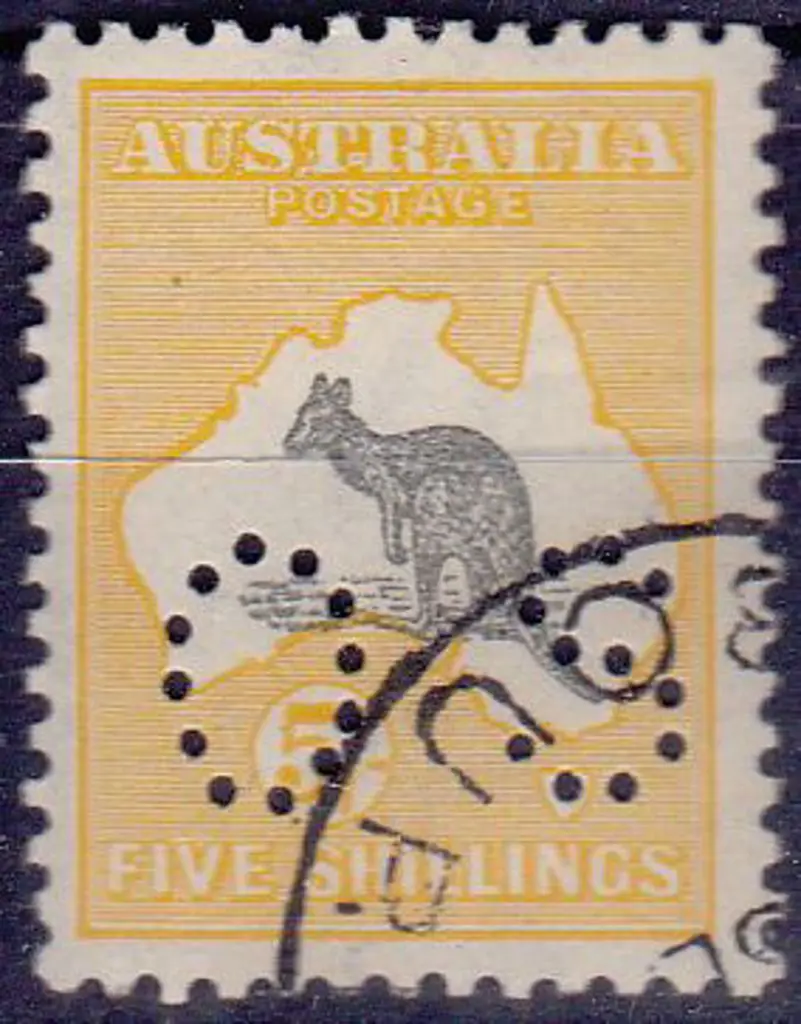 1915 5/- grey & yellow kangaroo perfined small OS. ... Image 1++