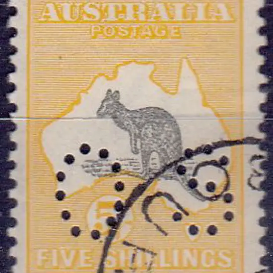 1915 5/- grey & yellow kangaroo perfined small OS. ...