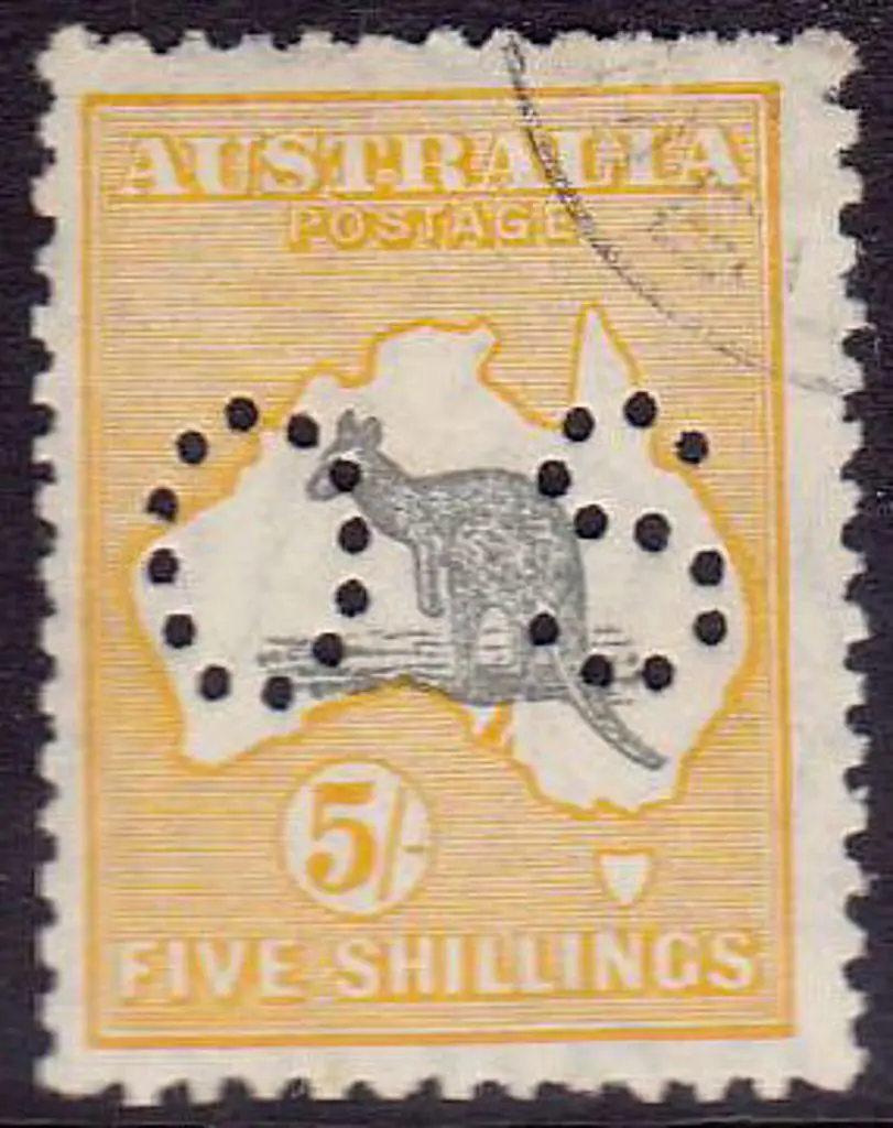 1929/30 5/- grey & yellow kangaroo perfined small ... Image 1++