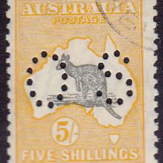 1929/30 5/- grey & yellow kangaroo perfined small ...