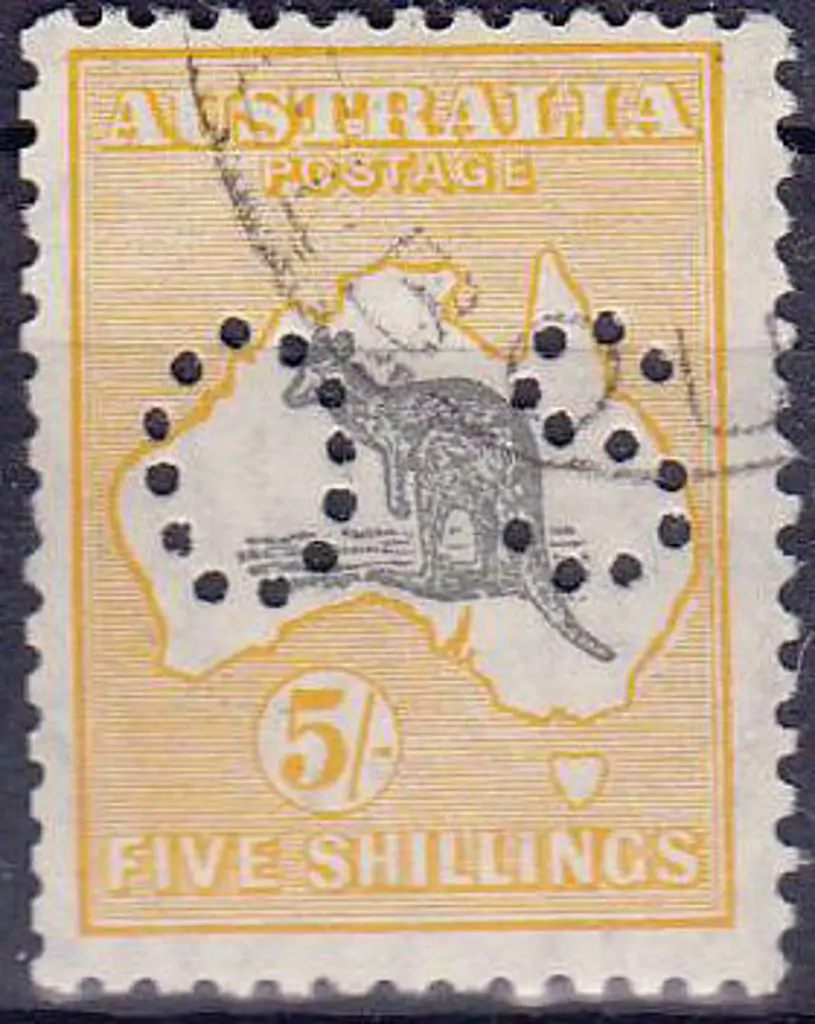 1929/30 5/- grey & yellow perfined small OS. CTO & ... Image 1++