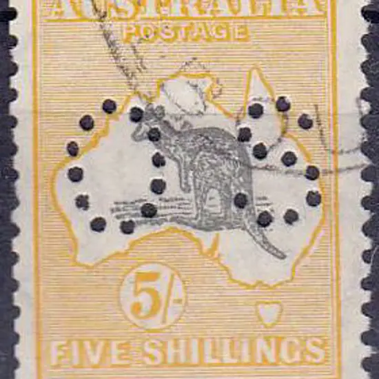 1929/30 5/- grey & yellow perfined small OS. CTO & ...