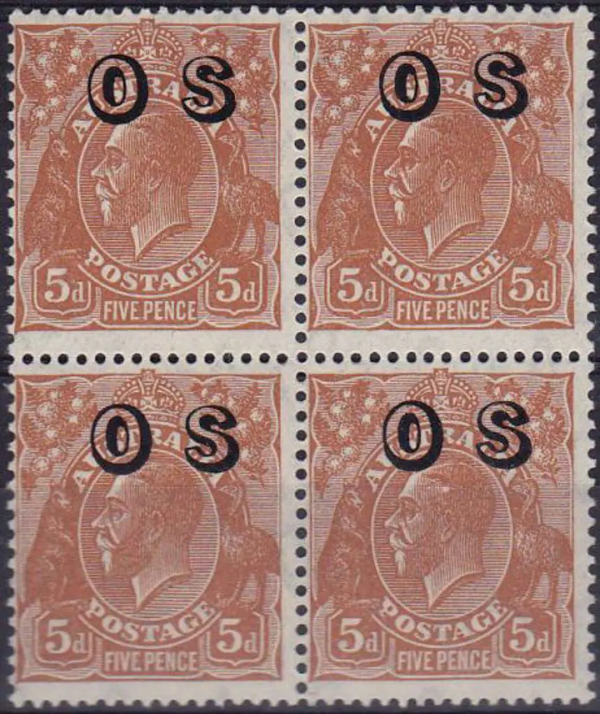 1931 5d brown KGV CofA wmk ovptd OS in block of 4. ... Image 1++