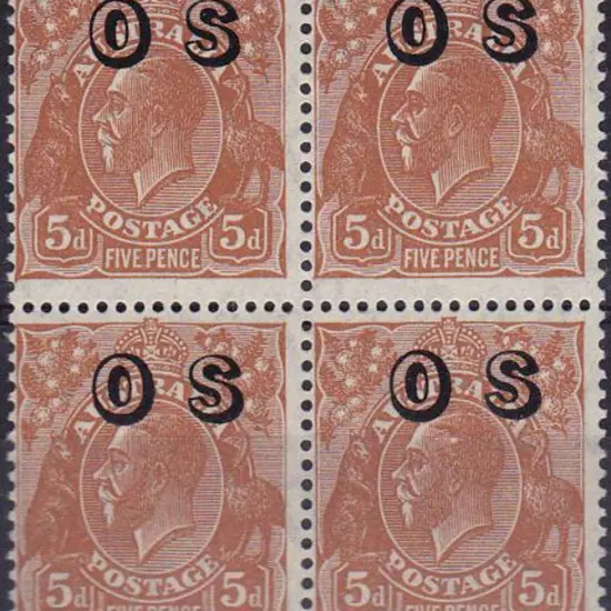1931 5d brown KGV CofA wmk ovptd OS in block of 4. ...
