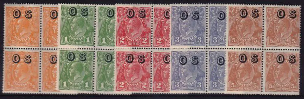 1932/3 KGV ovptd "OS" set of 5 in MUH/MLH blocks ... Image 1++