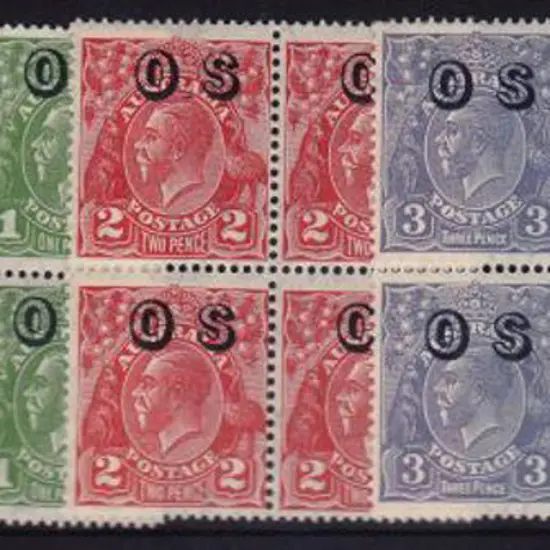 1932/3 KGV ovptd "OS" set of 5 in MUH/MLH blocks ...