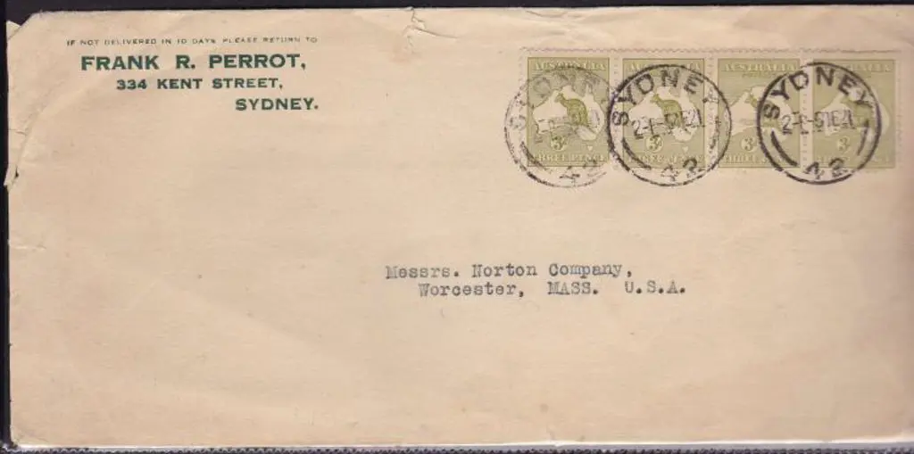 1921 cover to USA bearing strip of 4 x 3d olive ... Image 1++