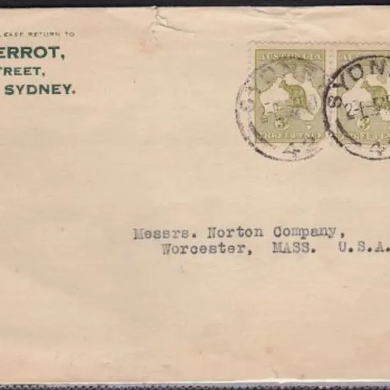 1921 cover to USA bearing strip of 4 x 3d olive ...