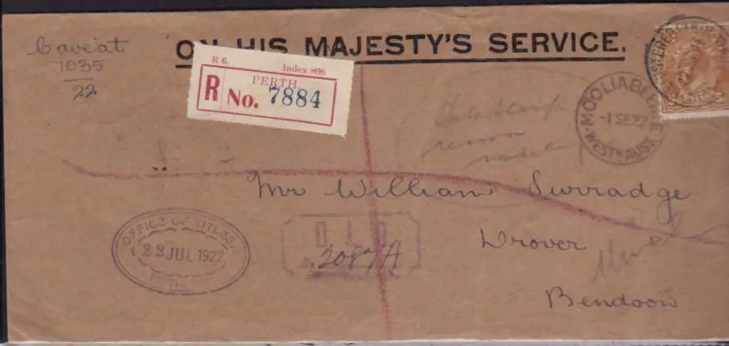 1922 Dead Letter Office OHMS Reg'd Perth 22 JUL 22 ... Image 1++