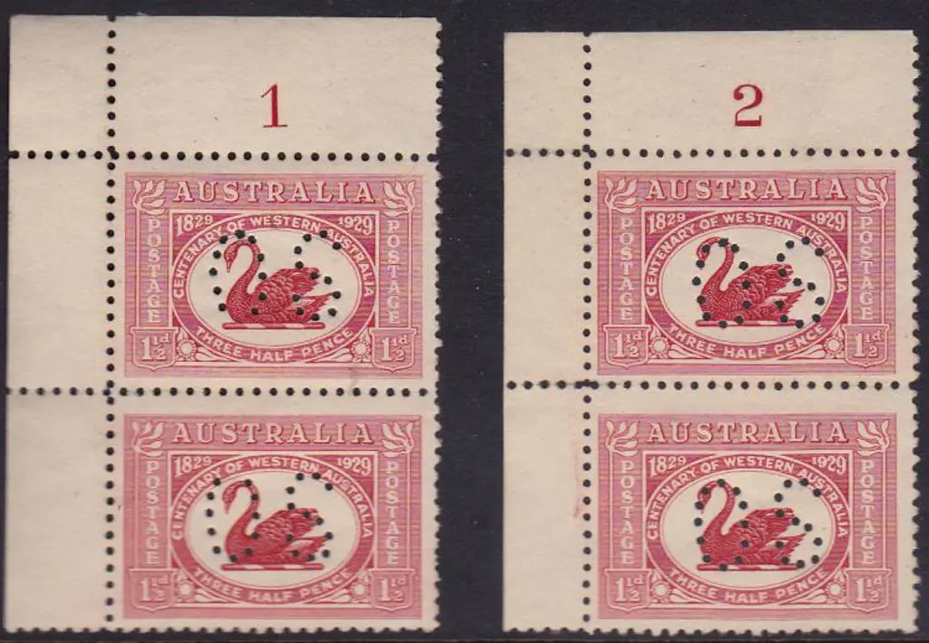 1929 1½d WA Centenary plates 1a & 2 vertical pairs ... Image 1++