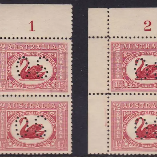 1929 1½d WA Centenary plates 1a & 2 vertical pairs ...