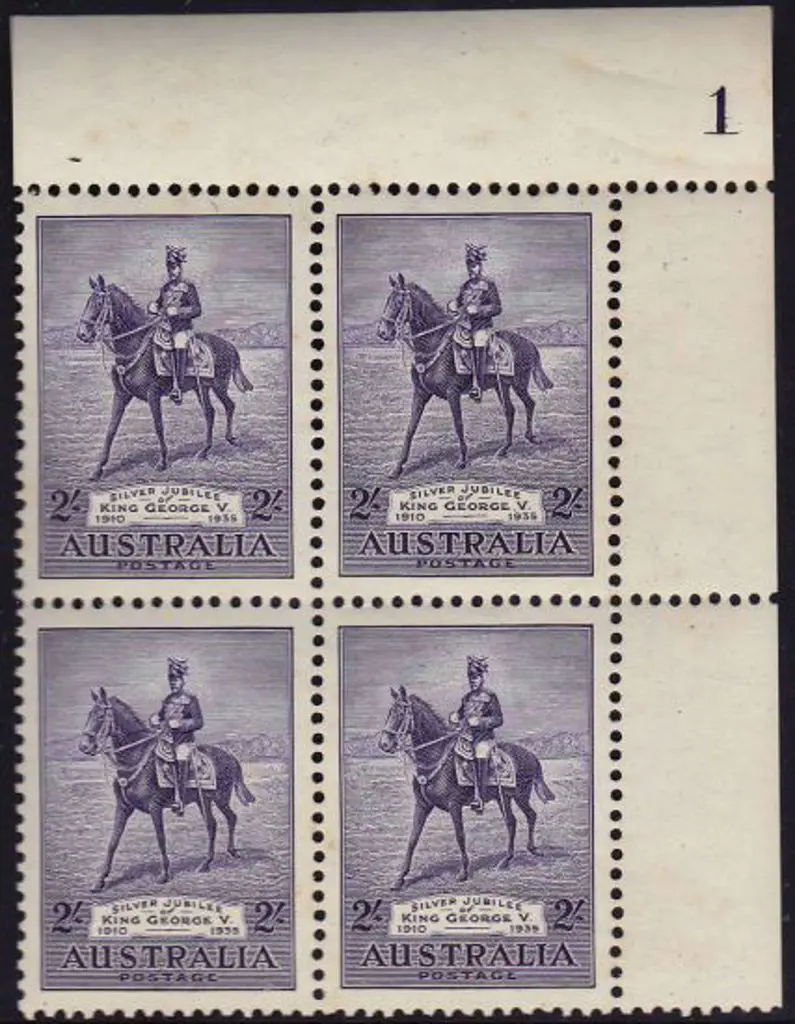 1935 2/- Silver Jubilee plate 1 (UR) block of 4 ... Image 1++