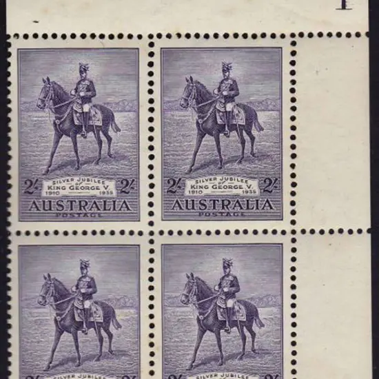 1935 2/- Silver Jubilee plate 1 (UR) block of 4 ...