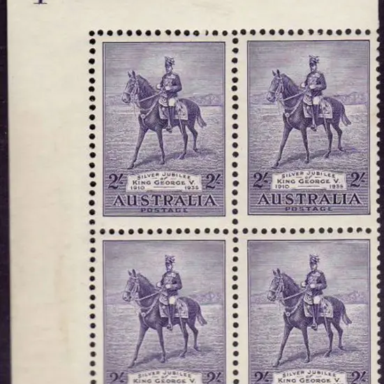 1935 2/- Silver Jubilee plate 1 (UL) block of 4, ...