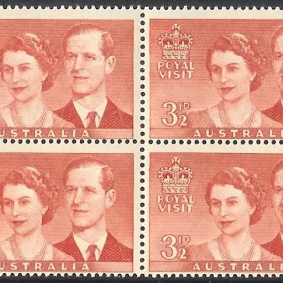 1954 3½d Royal Visit MUH block of 4 with “re-entry ...