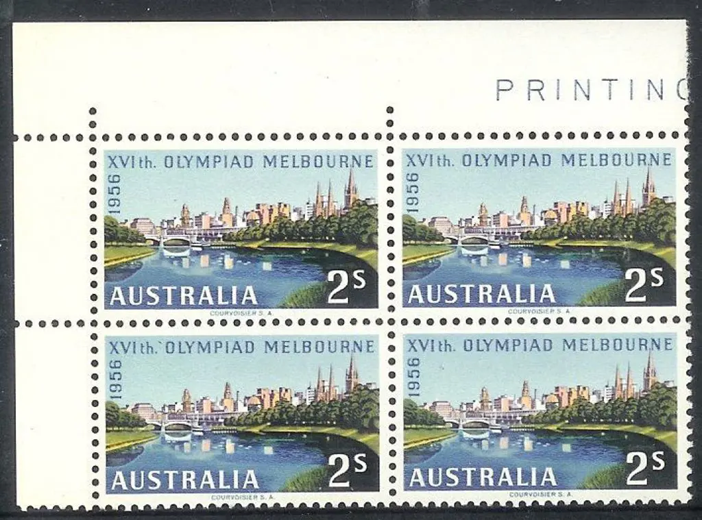 1956 2/- Olympics top left block of 4 with “white ... Image 1++
