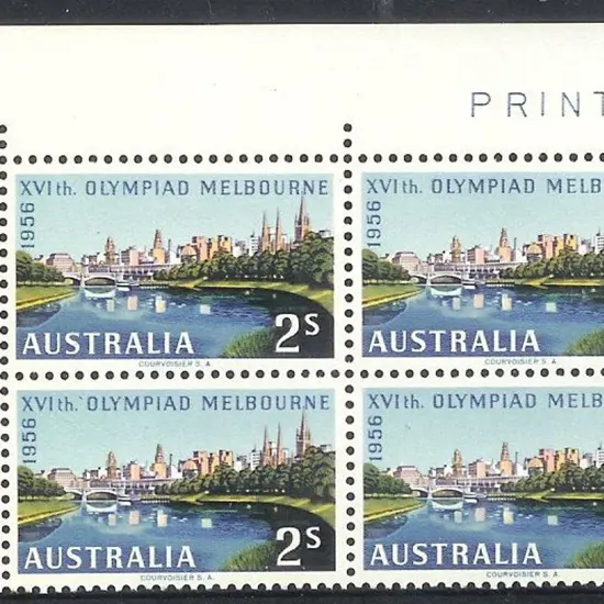 1956 2/- Olympics top left block of 4 with “white ...