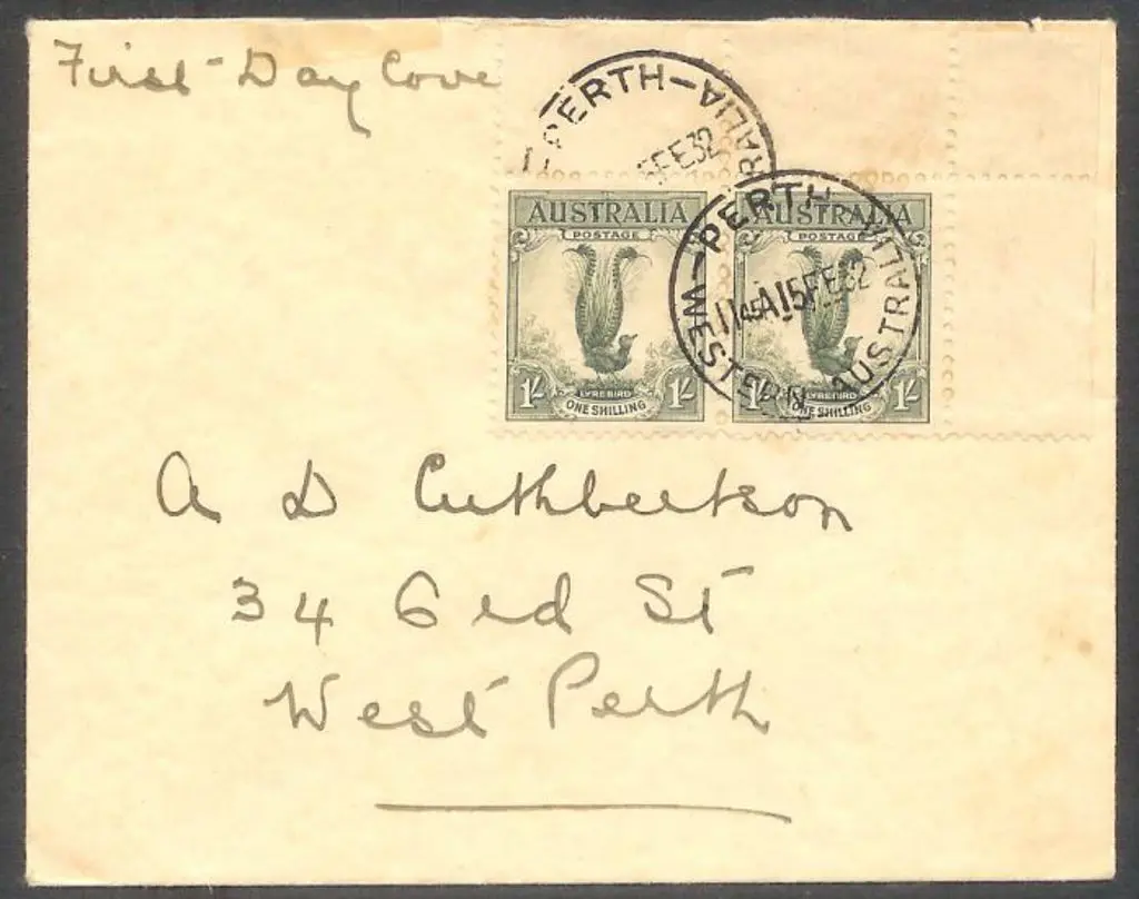 1932 (15th Feb) 1/- Lyrebird corner pair with full ... Image 1++
