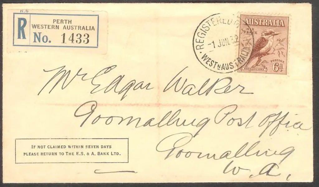 1932 (1st June) 6d Kookaburra on Perth Registered ... Image 1++