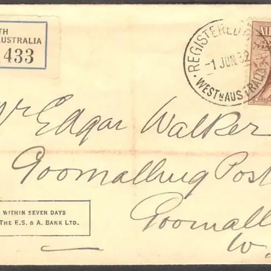 1932 (1st June) 6d Kookaburra on Perth Registered ...