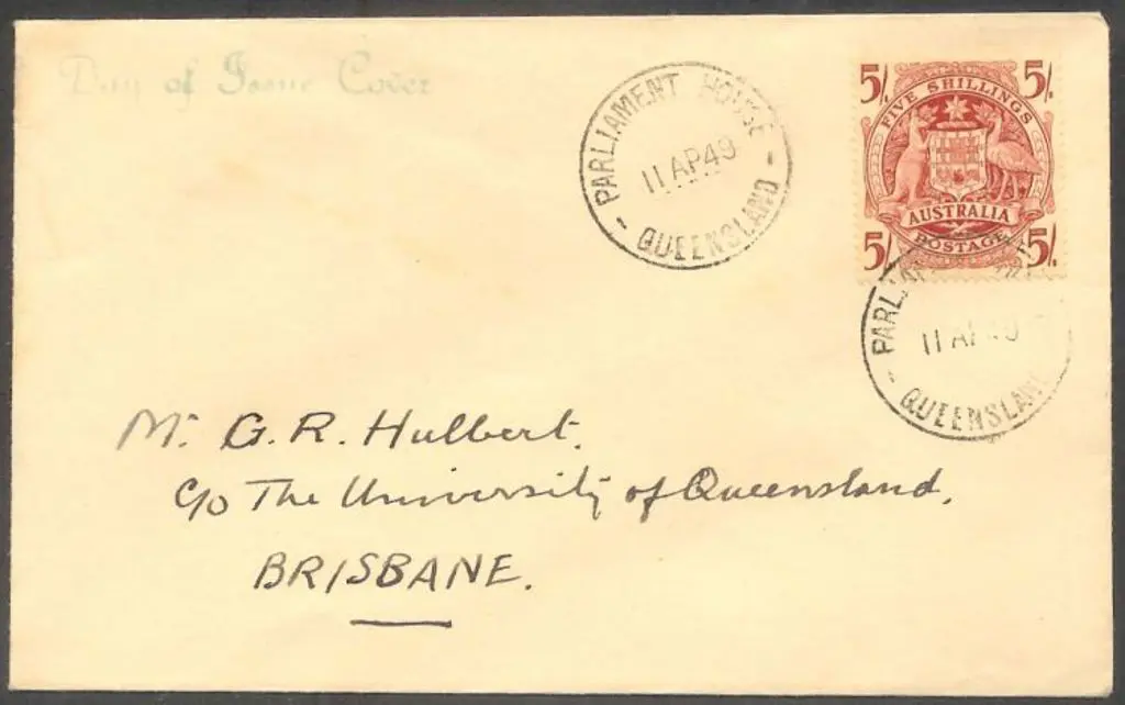 1949 (11th April) 5/- Arms on FDC hand addressed ... Image 1++