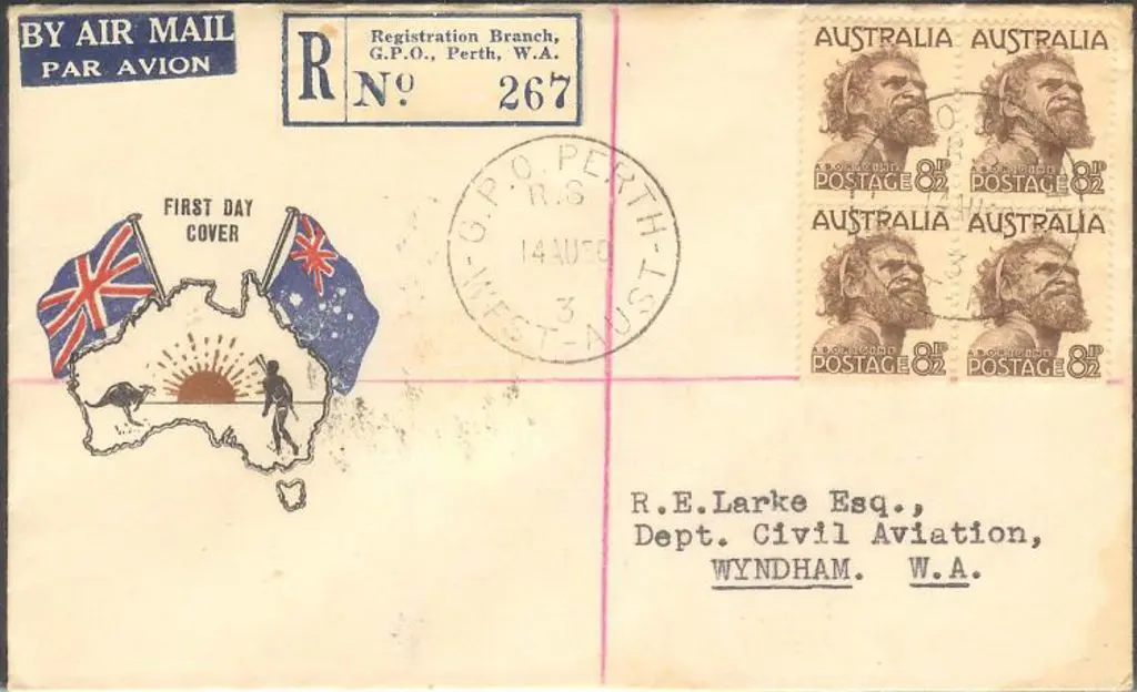 1950 (14th Aug) 8½d Aboriginal block of 4 on ... Image 1++