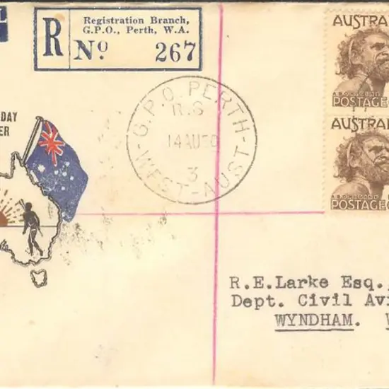 1950 (14th Aug) 8½d Aboriginal block of 4 on ...