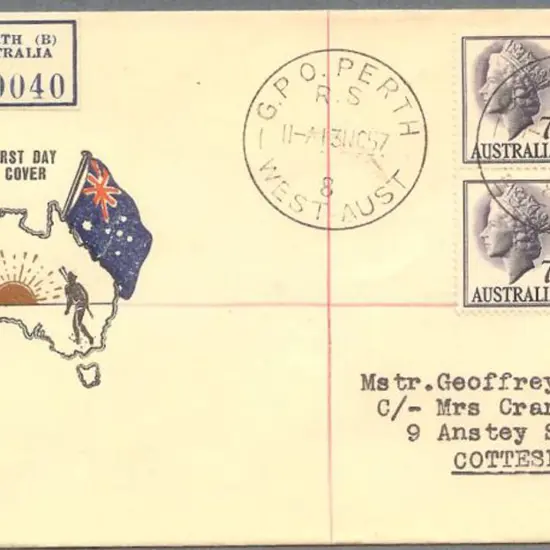 1957 (13th Nov) 7½d purple QEII block of 4 on ...