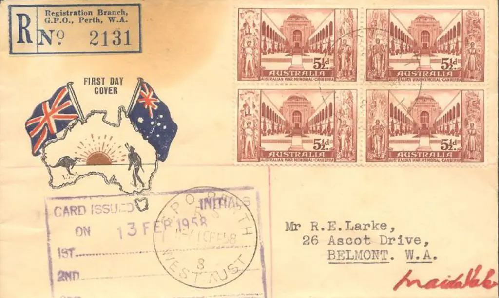 1958 (10th Feb) War Memorial block of 4 on Challis ... Image 1++