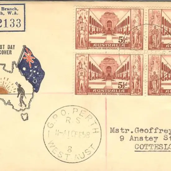 1958 (10th Feb) War Memorial block of 4 on Challis ...