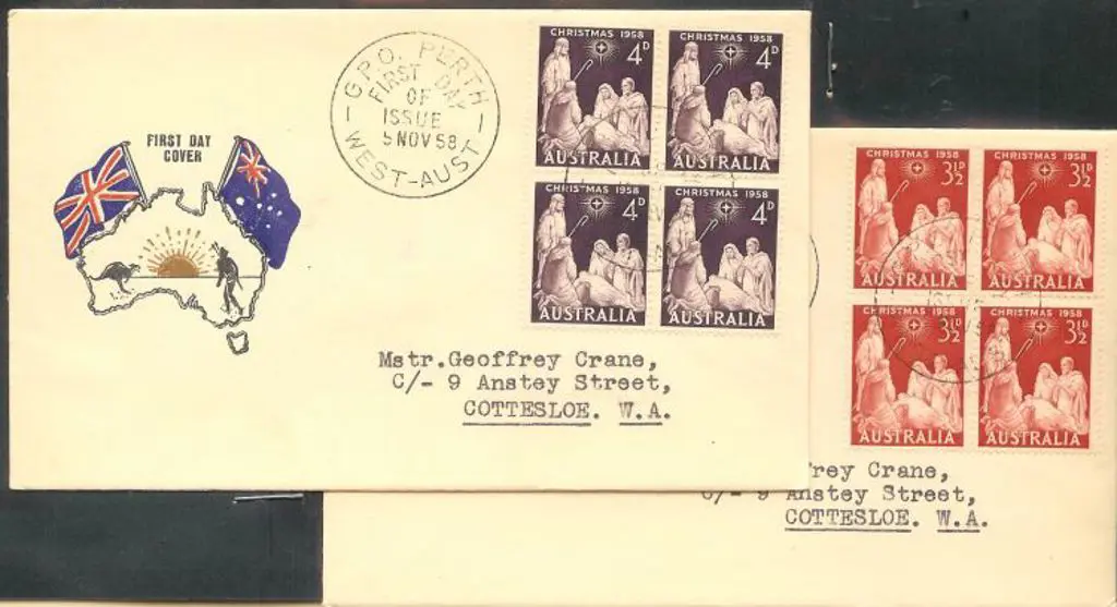 1958 (5th Nov) 3½d & 4d Christmas blocks of 4 on 2 ... Image 1++