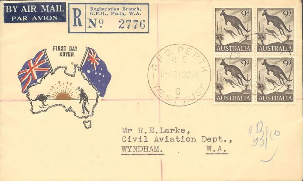 1959 (21st Oct) 9d kangaroo block of 4 on Challis ... Image 1++