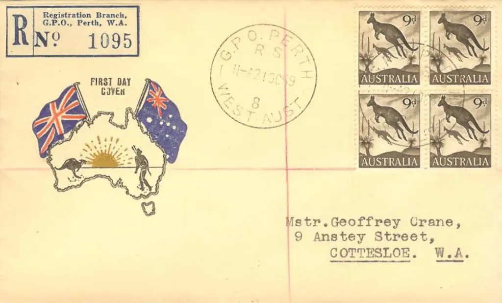 1959 (21st Oct) 9d kangaroo block of 4 on Challis ... Image 1++