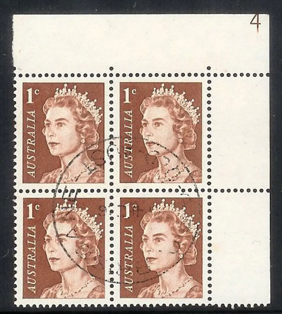 1966 1c brown QEII upper right plate 4 block of 4 ... Image 1++