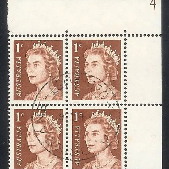 1966 1c brown QEII upper right plate 4 block of 4 ...