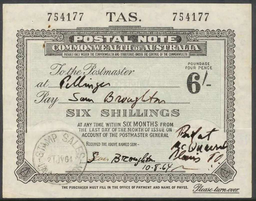 1964 6/- Postal Note (redeemed) with "Stamp Sales/ ... Image 1++