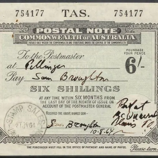 1964 6/- Postal Note (redeemed) with "Stamp Sales/ ...