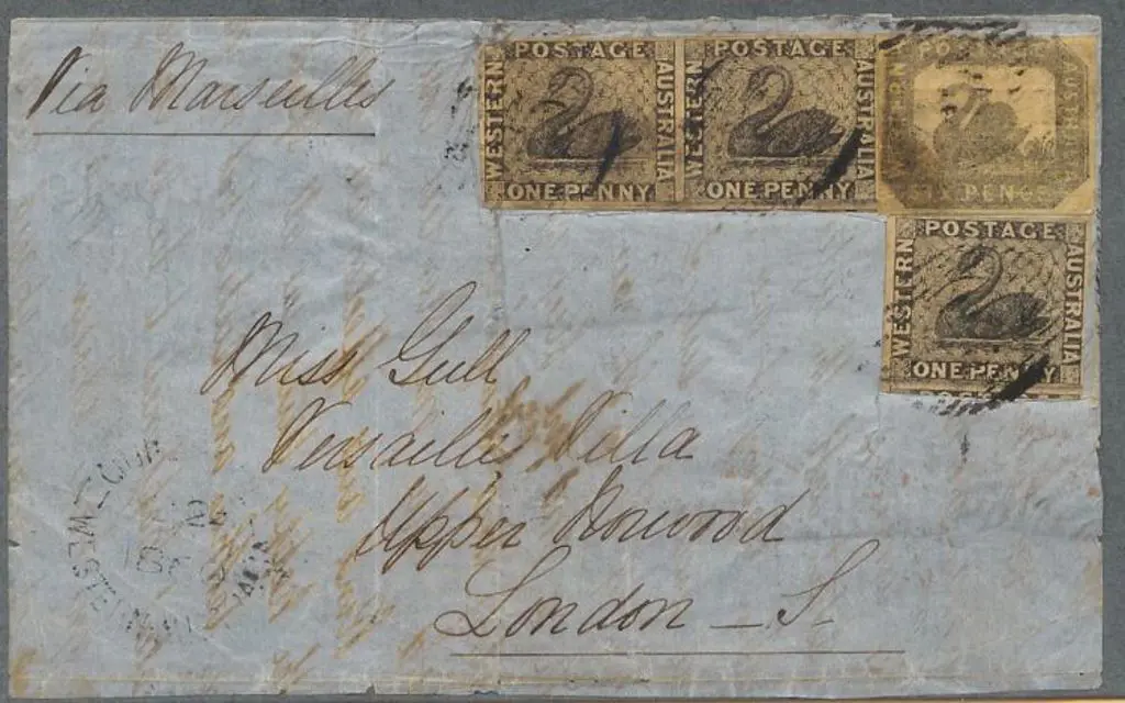 1860 part entire/front with 1d black swans x 3 in ... Image 1++