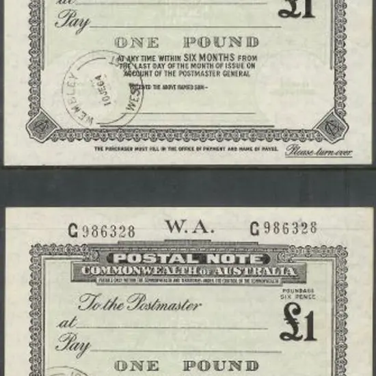 1964 £1 Postal Notes consecutive pair with Wembley ...