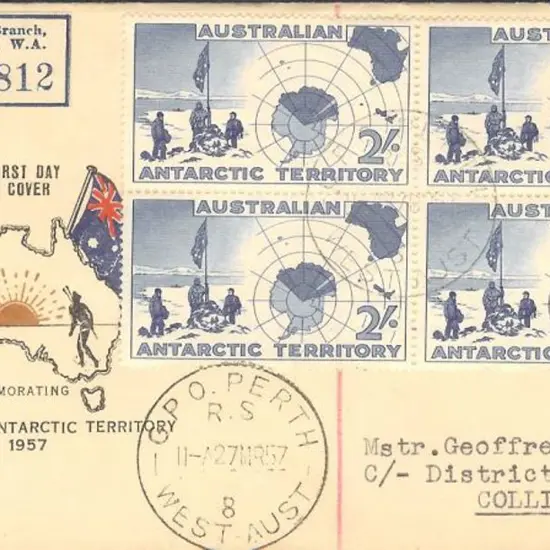 1957 (27th Mar) 2/- Map block of 4 on Challis ...