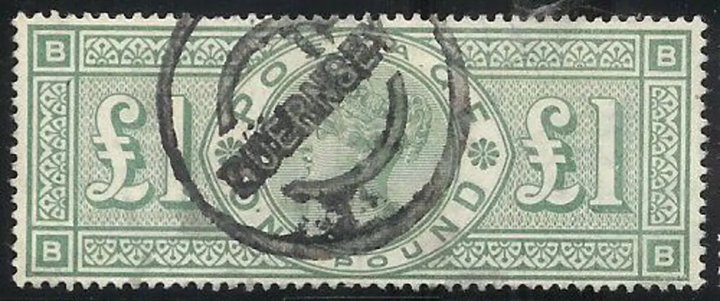 1891 £1 green QV with central Guernsey parcel ... Image 1++